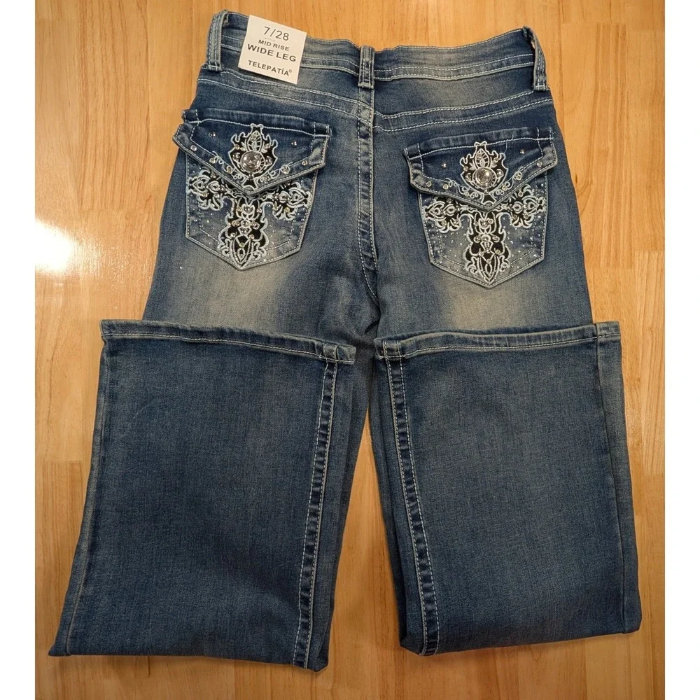 Telepatia Wide Leg Jeans Blue Denim Rhinestone Button GR25015 Mens Size 7/28 NEW
